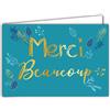 Afie 69-5128 - Biglietto di auguri MERCI molti in oro dorato lucido, foglie di albero ramoscelle, colore blu anatra; fornito con busta; formato biglietto chiuso 17 x 11,5 cm
