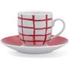 Quid Kansas - Set di 6 tazze in porcellana con piatto, 90 ml, motivo a griglia rossa e bianca, adatto per lavastoviglie