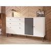 Forte EasyKlix HARLLSON Cassettiera 160 cm bianca con grigio tungsteno uniforme, credenza con 2 cassetti e 3 ante, gambe alte in legno, 160 cm larghezza x 86 cm altezza x 41 cm profondità