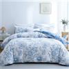 BOLINLIVING Set copripiumino floreale per letto matrimoniale, 3 pezzi, copripiumino con 2 federe, morbido set di biancheria da letto floreale bianco e blu, per tutte le stagioni, traspirante, chiusura