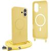YFSYLL Magnetica Cover per iPhone 16 Plus con Cordino,Compatibile con MagSafe,Silicone Case con Regolabile Cordino da Collo Nylon Catena Collana Tracolla - Giallo