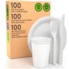 Baciato Caffè Kit Picnic 100 Piatti in Bioplastica Diametro 21 cm + 100 Bicchieri in Carta Bianchi 200ml + 100 Posate Set Forchetta Coltello e Tovagliolo Ecologico Super Resistente