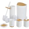Relaxdays Set Bagno 6 Accessori, Cestino, Scopino WC, Portasapone, Saponetta, Portaspazzolino, Plastica e bambù, Bianco
