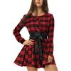 Allegra K Donna Abito Camicia a Quadri Manica Lunga Cintura Trapezio Vestito Natale Nero e Rosso L