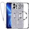 Kokio Glitter Magnetica Cover per iPhone 13 Pro Max con Cordino, Compatibile con MagSafe, Brillantini Sottile Silicone TPU Antiurto Custodia per iPhone 13 Pro Max con 2 Vetro Temperato Bumper, Argento