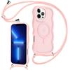 Knrlqim Magnetica Cover con Cordino per iPhone 13 Pro Max, Compatibile con Magsafe,Custodia con Laccio Collana Tracolla Corda,Cornice Ondulata Traslucida Opaca Antiurto Protettiva Case,Rosa