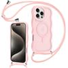Knrlqim Magnetica Cover con Cordino per iPhone 15 Pro Max, Compatibile con Magsafe,Custodia con Laccio Collana Tracolla Corda,Cornice Ondulata Traslucida Opaca Antiurto Protettiva Case,Rosa