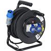Electraline 49049 Prolunga in Gomma con Avvolgicavo 25 m, 2 Prese Industriali IEC, Spina a 3 Poli CEE Adatto per Camper, Campeggio, Caravan, Barca, Can, Nero/Blu