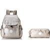 Kipling City Pack Mini, Zaino Donna, Argento (Metallic Glow), 27x29x14 cm + Gleam, Portamonete Donna, Argento (Metallic Glow)