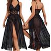 XFSRG Lingerie Donna Sexy Babydoll in Pizzo e Tulle Trasparente con Scollo a V Corsetto con Spacco Laterale Camicia da Notte Maxi Seducente (Nero S)