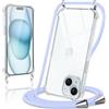 Coiwxmoi Cover per iPhone 15 con Cordino 6,1,Trasparente Custodia con Laccio Tracolla Corda Catena Cinghia,Ultra Morbido Silicone TPU Antiurto Case per iPhone 15, Viola
