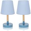 Aigostar 2 Pezzi Lampada da Tavolo, Piccola Lampada da Comodino Moderna in Legno, Lampada da Scrivania con Paralume in Tessuto Blu e Base in Metallo Portalampada E14, Vintage per Camera, Soggiorno
