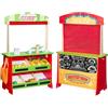VEVOR Set da Gioco per Bambini in Legno con Tende, Negozio di Giocattoli Reversibile, Negozio di Alimentari Bifacciale con Lavagna e Registratore di Cassa, Bancarella del Mercato per Bambini