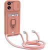 yanasuo Cover con Collana Compatibile con Xiaomi Mi 13T/13T Pro (6.67), Cover con Pratico Cordino, Slidable Protezione Fotocamera Slot Carte 360° Anello Supporto, Pink