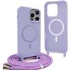 YFSYLL Magnetica Cover per iPhone 15 Pro Max con Cordino,Compatibile con MagSafe,Silicone Case con Regolabile Cordino da Collo Nylon Catena Collana Tracolla - Viola