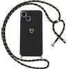 Oelrstfe Cover per iPhone 15 con Cordino,Custodia Silicone Morbido Sottile con Motivo Cuore e Collana Laccio Tracolla,Antiurto Antigraffio Corda Collo Regolabile Protettiva Case,Nero