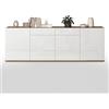 WHOUS Credenza e Buffet GARDA per Soggiorno con 2 Cassetti e 4 Ante, Madia per Salotto, Cucina e Sala da Pranzo in Legno, 200x35x71 cm, Bianco Lucido e Rovere
