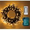 GHJ Catena luminosa a LED a batteria bianca calda, con cavo verde scuro, telecomando, illuminazione a batteria, per Natale, albero, giardino, matrimonio, festa (50 LED)