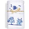 Tex family Set Asciugamani Mare Bianco Pesci Coralli - Spugna 100% Cotone - Ricamo Nautico Blu - Made in Italy