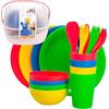AKTIVE Set Picnic Camping per 4 persone Vassoio portavivande con manico Posate da campeggio, piatti, tazze, insalatiere Bicchieri in plastica dura riutilizzabili