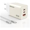 Hichain Caricatore USB C 65W Compatto con 3 Porte USB PD & QC3.0 GaN Caricatore Rapido per iPhone 17 Pro Max Air/16 Plus Pro Max/15/14/13/12, Galaxy, Pixel 4/3, iPad/iPad Mini Con Cavo 1m