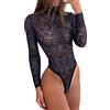 NBBNYJ Body da Donna a Maniche Lunghe Collo a lupetto Pizzo Trasparente Elegante Stampa zebrata Sexy Lingerie Bodysuit