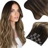 Moresoo Extension Capelli Veri Clip 135g Marrone Remy #4/10/16 45 cm 7pz | Volume Istantaneo, Lavorazione Superiore, Look Elegante, Base In Tessuto, Clip Sicure