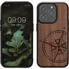 kwmobile Custodia Compatibile con iPhone 15 Pro Cover - Back Case in Legno con Bumper in Silicone TPU - Bussola vintage marrone scuro