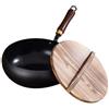 Generic Padella in ferro giapponese con coperchio in legno, padella antiaderente forgiata a mano, padelle da 24 cm senza rivestimento chimico fondo piatto Wok cinese per stufe elettriche, a induzione, a gas