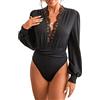 SUIUOI Body Donna Manica Lunga Elegante Sexy Scollo a V in Pizzo Lingerie Bodysuit Body con Scollo a Tessere Casual Camicetta Manica a Lanterna Chic Maglietta Blusa Clubwear Bodysuit