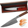 MEG Coltello da Chef Giapponese Gyuto - Lama Damasco 7 strati, affilatura a V professionale 12-15°, manico in legno di sequoia rossa e scatola in acacia - Coltello da Cucina Premium