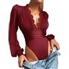 SUIUOI Body Donna Manica Lunga Elegante Sexy Scollo a V in Pizzo Lingerie Bodysuit Body con Scollo a Tessere Casual Camicetta Manica a Lanterna Chic Maglietta Blusa Clubwear Bodysuit