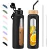 BLUEGO Borraccia Vetro 900ml con 2 Coperchi e Cannuccia, Sportiva Bottiglia d'Acqua con Custodia in Silicone e Indicatori di Tempo, Senza BPA, Nero