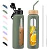 BLUEGO Borraccia Vetro 900ml con 2 Coperchi e Cannuccia, Sportiva Bottiglia d'Acqua con Custodia in Silicone e Indicatori di Tempo, Senza BPA, Verde oliva