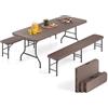 GIANTEX Set di mobili da pranzo pieghevoli, tavolo e panche da birra in plastica, gambe in metallo robuste e effetto rattan, per 6-8 persone, mobili portatili