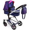 Bayer Design 18454AA Carrozzina per bambole Neo Vario con borsa fasciatoio e cestino per la spesa, trasformabile in auto sportiva, regolabile in altezza, moderna, blu con motivo unicorno e cuore
