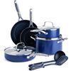 Blue Diamond Cookware Batterie di Cucina con Rivestimento Antiaderente in Ceramica con Diamanti, Set di 10 Padelle e Pentole, Senza PFAS, Sicuro al Forno, Lavabile in Lavastoviglie, Blu