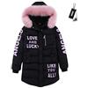 SXSHUN Bambina Cappotto Imbottito Invernlae con Cappuccio di Pelliccia Giacca Calda in Cotone con Stampa di Lettere, Nero, 7-8 Anni