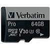Verbatim 47042 UHS-I U3 Pro Flash Card MicroSD XC I, 64GB, Class 10, Nero