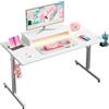 Bestier Scrivania da Gioco con LED, Tavolo con Supporto per Monitor e Rivestimento in Fibra di Carbonio, Scrivania per Computer con Portabicchieri e Gancio per Cuffie, Bianco 106 cm