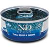 Farmina N&D Ocean Feline Umido 70 gr - Calamari, Gamberetti e Tonno - Confezione da 30 pezzi - Cibo umido per gatti - 1° ORDINE? scegli lo sconto BZR5 / BZR20 + 200 punti fedeltà
