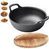 TeamSky Wok in ghisa antiaderente con coperchio, 20 cm, fondo piatto, padella wok per friggere, non rivestito, stagionato, tradizionale, antiaderente, con due manici integrali, per tutti i piani