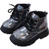 Maeau Stivali con lacci per bambini e ragazze e ragazzi Stivaletti alla caviglia lucidi con cerniera stivali classici impermeabili scarpe antiscivolo invernali autunno primavera morbide 21-30 EU, Nero