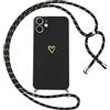 Oelrstfe Cover per iPhone 12 Mini con Cordino,Custodia Silicone Morbido Sottile con Motivo Cuore e Collana Laccio Tracolla,Antiurto Antigraffio Corda Collo Regolabile Protettiva Case,Nero