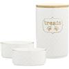 Navaris Contenitore Crocchette Cane e 2 Ciotole Cibo Acqua - Porta Crocchette per Cani Gatti - Barattoli Cucina Ceramica Bianca - Coperchio Ermetico