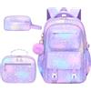 Amythe Zaino Scuola Elementare Bambina 3 Pezzi, Set Zaini Bambina Set 8-15 anni con Sacchetto per Pranzo e Astuccio per Matite, Zainetto Ragazza per Scuola, Viola