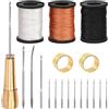 Swpeet Kit di punteruolo e ago per cucire in tela e pelle, 19 pezzi, con filo cerato in nylon assortito, strumenti con manico in rame per pelle, scarpe e riparazione