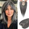 Flufymooz - Parrucche con capelli umani veri per donne, 26 cm con frangia a clip 100% capelli umani per capelli sottili, copricapo con base in seta 150% di densità - Grigio argento con marrone misto