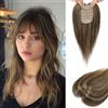 Flufymooz - Parrucche con capelli umani veri per donne, 26 cm con frangia da clip, 100% capelli umani per capelli sottili, copricapo con base in seta 150% di densità - Marrone cioccolato con biondo