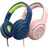 awatrue Cuffie per Bambini con Cavo, Cuffie per Bambini con Microfono, Cuffie On-ear, Limitazione del Volume 85/94 dB, jack da 3,5 mm, Design pieghevole, Sicure e Comode (BluVerde+Rosa)